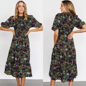 Baltic Born Women’s Black & Floral Print Lena Tiered Midi Dress Size 2X Smocked